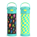 16oz FUNtainer® Water Bottles with Locking Lids Lightning Bolt & Wavy Checkers Teal Bundle